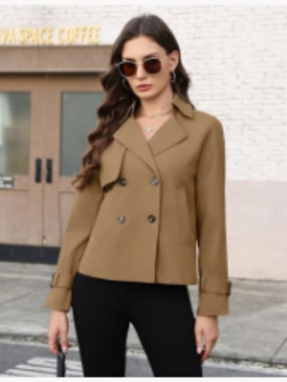 Cropped Trench Coat Double Breasted Casual Jacket 100% Polyester - Picture 3 of 7